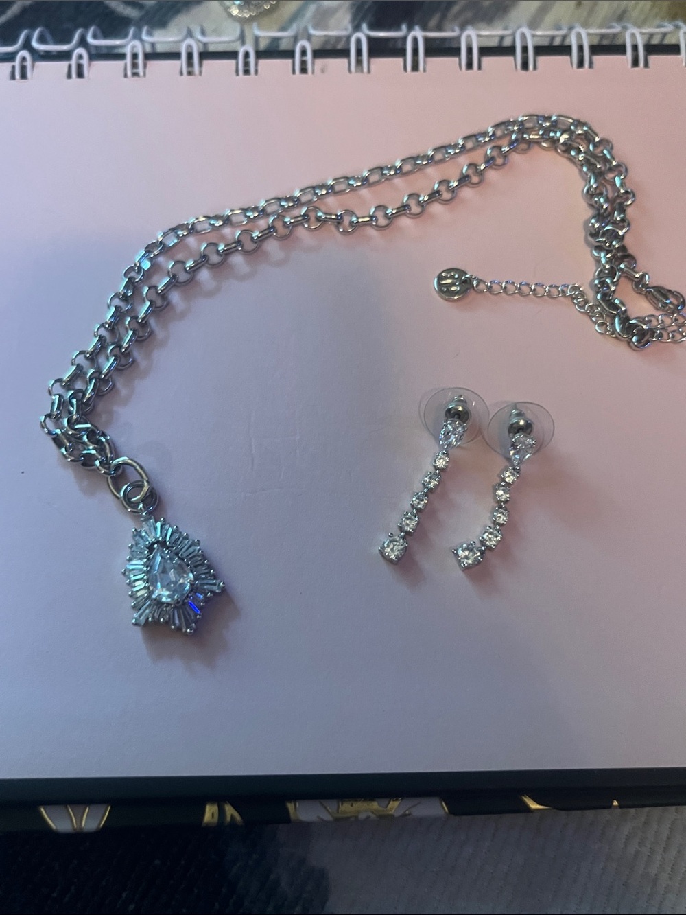 Silver-Tone Teardrop Pendant Necklace and Cubic Zirconia Drop Earrings Set
